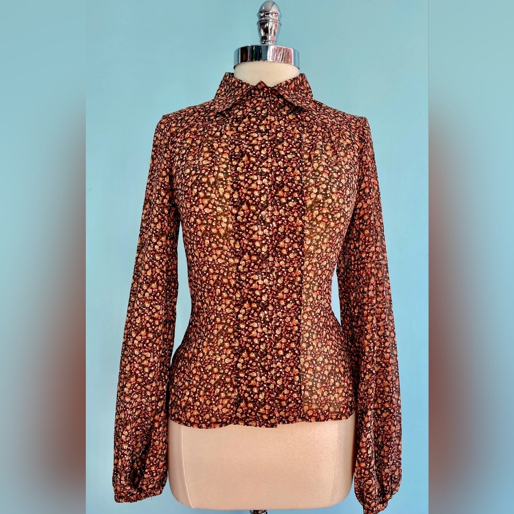 Brown and Orange Ditsy Floral Balloon Sleeve Blouse